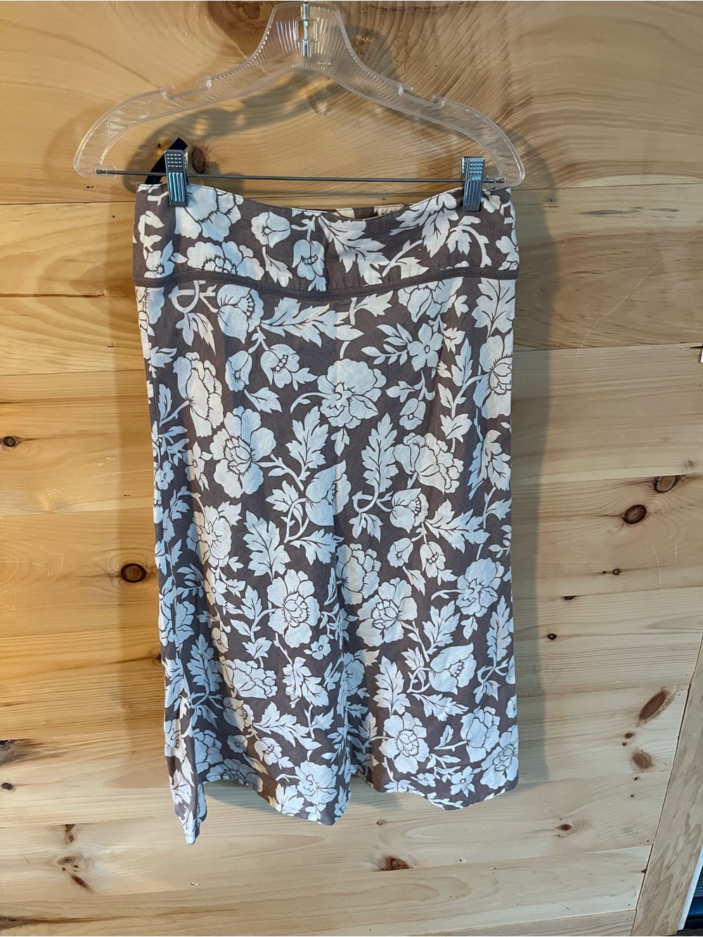 Boden 100% Linen Brown and White Floral Midi Skirt Size 12 Regular